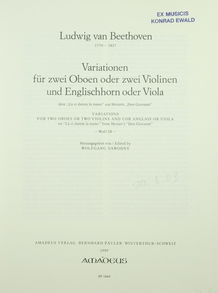 Variationen über «Là ci darem la mano» (aus «Don Giovanni»), für 2 Oboen (Violine) und Englischhorn (Bratsche)