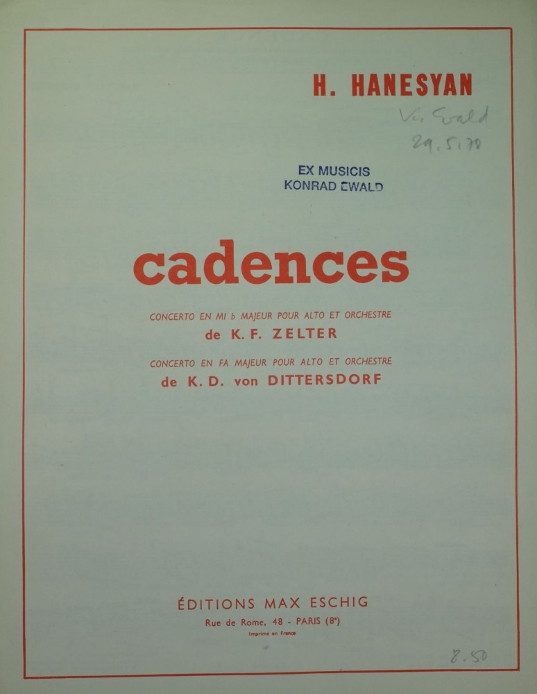 Cadenzas for the Concertos by Zelter and Dittersdorf, for Viola and Orchestra